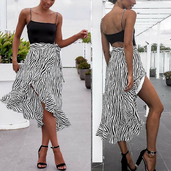 Kvinnors sommar hög midja Zebra Stripe kjol Plisserad omlott M