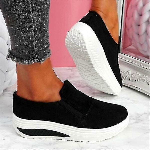 Tykk Platform Hælede Sko til Kvinder Pu Ruskind Loafers Casual Stødabsorberende Slip On Sko Til Daglig Solid-jie