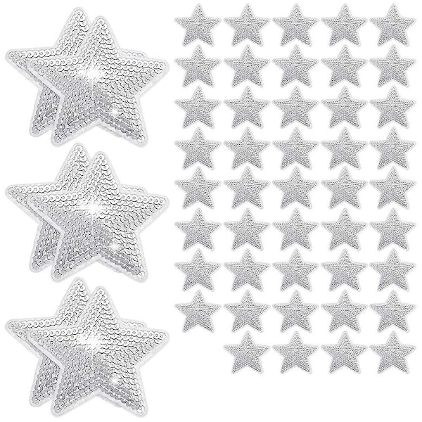 50 stjärnformade paljetter att sy eller stryka på, stjärnbroderade applikationer, stjärnformade reparationslappar DIY (Silver)