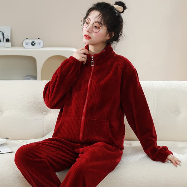 Grapefrukt Röd Sportstil Sammet Pyjamas Dam Långärmad Plus Sammet Tecknad Korall Sammet Pyjamas Grapefruit Red L