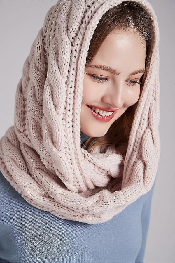 Damers Tykk Ribbestrikket Vinter Infinity Circle Loop Skjerf Premium Twist Light Pink