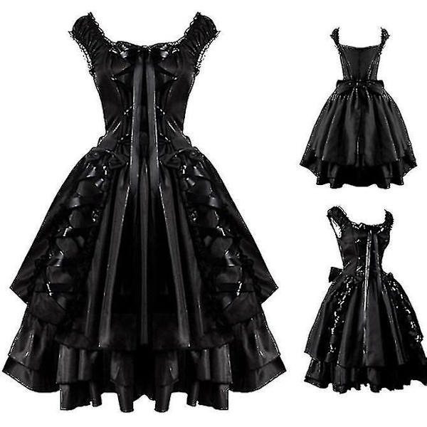 Dam klassiska svarta lager snörning Goth Lolita klänning medeltida renässanskläder S