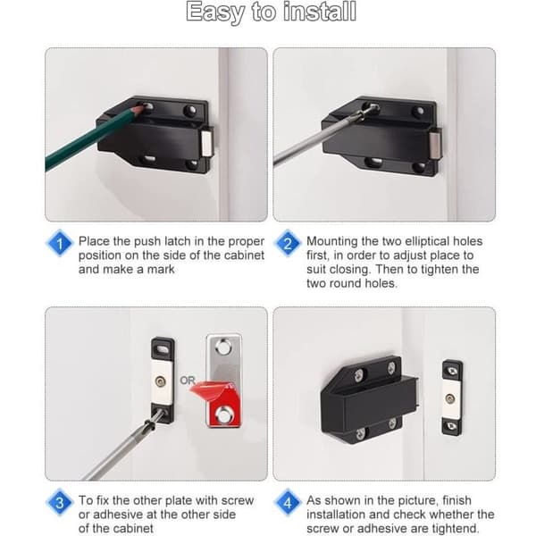 Push-to-open lås – 4 stk. med dæmper – Magnet til spånplademøbler – Nem installation – Sort
