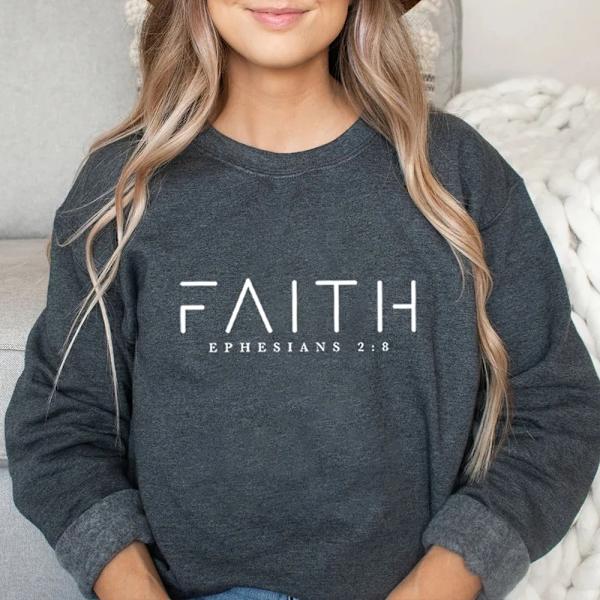 Trendig Faith Sweatshirt Bibelversskjorta Kristna kläder Dam Streetwear Tröja Huvtröja Estetiska kläder Gray L