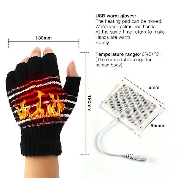 USB Thermal Heated Glove Full/halvfinger Uppladdningsbar Black