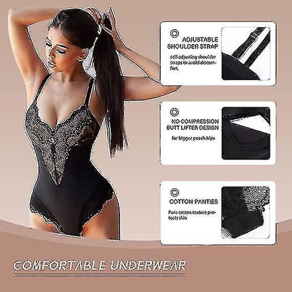 Tflycq spetsbody för kvinnor magkontroll Shapewear V-ringad rygglös kamisole ärmlös smalare toppar Black L