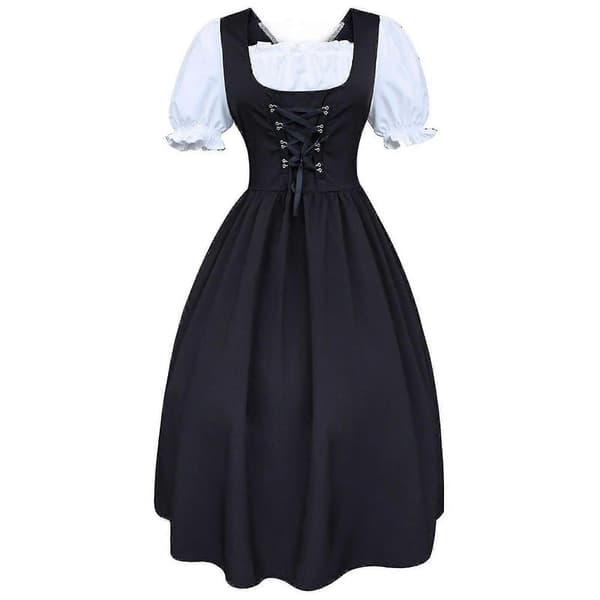 2026 Dam Midi Dirndl Klänning 2-delad Med Förkläde Och Blus Svart Vit, storlek L