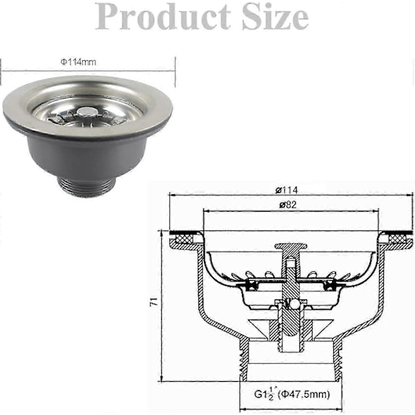 Vask Kollektion 114mm Rustfrit Stål Køkkenvask Kurve Si Prop Afløb 1\"
