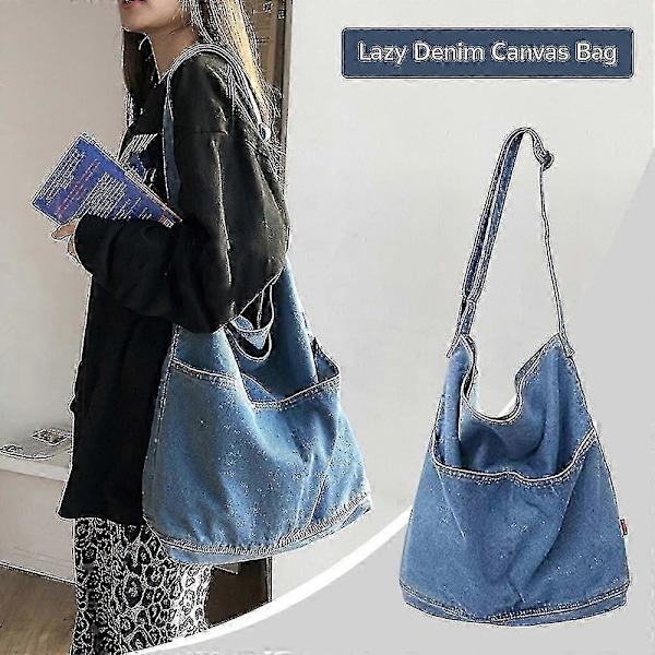 Naisten denim-kangaskassi, säädettävä olkahihna ja sivutasku