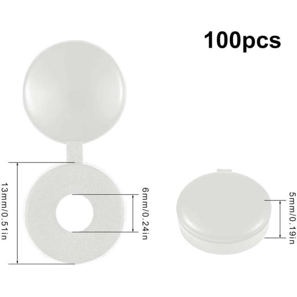 Pakke med 100 hvide 15 mm hængslede plastskruedæksler til M4 til M6 - Nittehætte