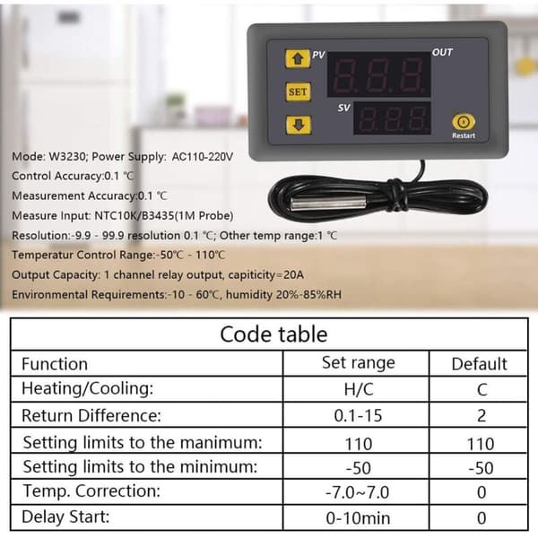 Stykke W3230 AC 110V-220V Digital Temperaturkontroller, 20A Digital Display Termostat Kontrollbryter med 10K NTC Sensorprobe