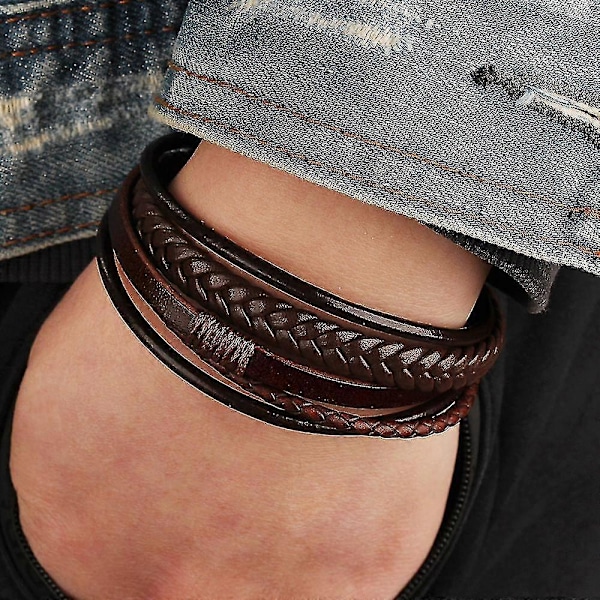 Trendiga Äkta Läderarmband Män Rostfritt Stål Flerskikts Flätade Reparmband För Ma