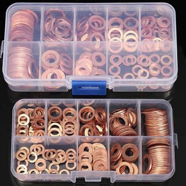 200 st platta packningar, packning, bricka, mutter och bult koppar sortimentskit, med låda