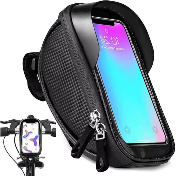 Vandtæt Cykeltelefonpose – Ramme-/Styrmontering – Touchscreen Frontpanel – Dobbelt Lynlås – Sort – Op til 6,8”
