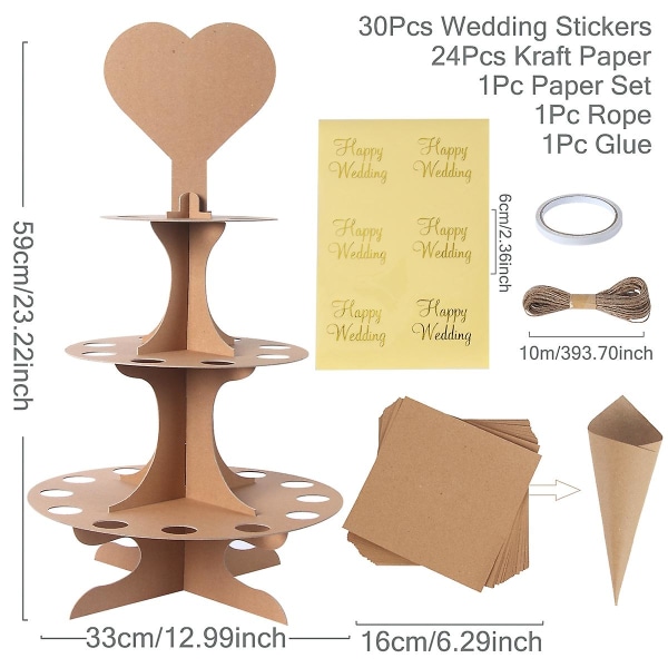 Bröllopskraftpappersbricka Konfettikon Stativ Boxbricka för bröllopsdekoration Blomkonfettikottar Rustik bröllopspappershållare paper cone holder