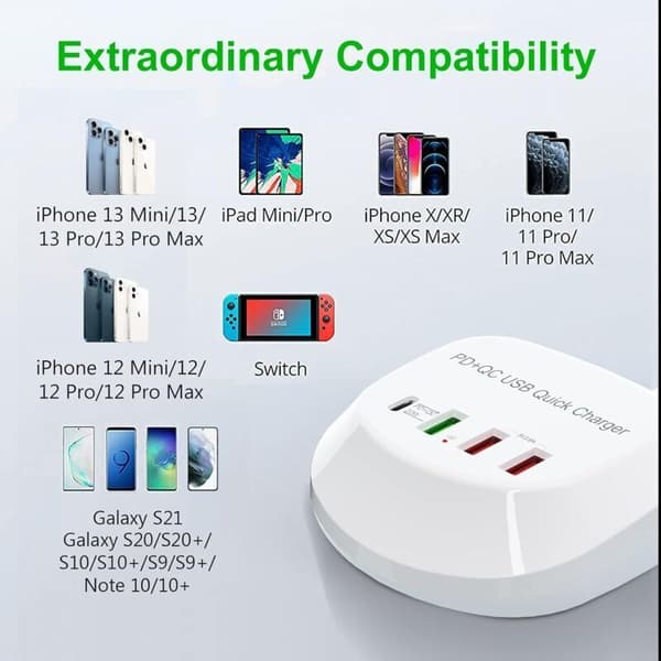 USB-C hurtigoplader. USB PD QC 3.0 oplader. 4-ports multi-USB strømadapter til iPhone og iPad.