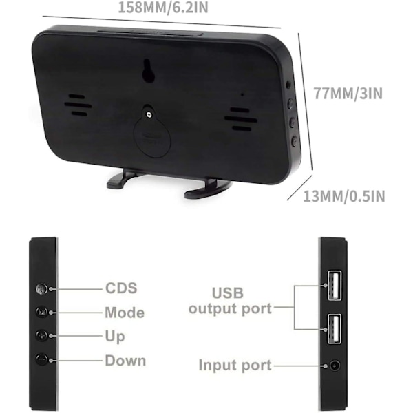 Digital Väckarklocka, LED Spegel Väckarklocka Digital Sängklocka Modern LED Morgonväckarklocka med 2 USB-portar, Justerbar Ljusstyrka, Svart