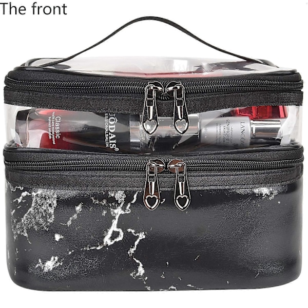 Makeup Tasker Dobbelt Lag Rejse Kosmetik Tasker Makeup Organizer Toilet Tasker (Sort marmor)