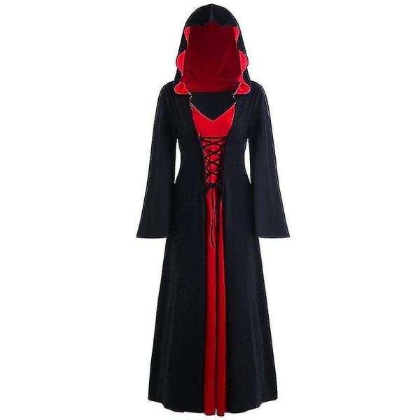 Kvinnor Halloween Renaissance Gothic Hooded Cloak Robe Klänning Black Red S