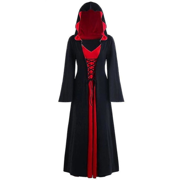 Kvinnor Halloween Renaissance Gothic Hooded Cloak Robe Klänning Black Red XL