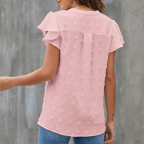 Dam Blus V-ringning Volangärm Lös Andningsbar Prickig Polyester Dam T-shirt för Vår Sommar Höst Rosa XL
