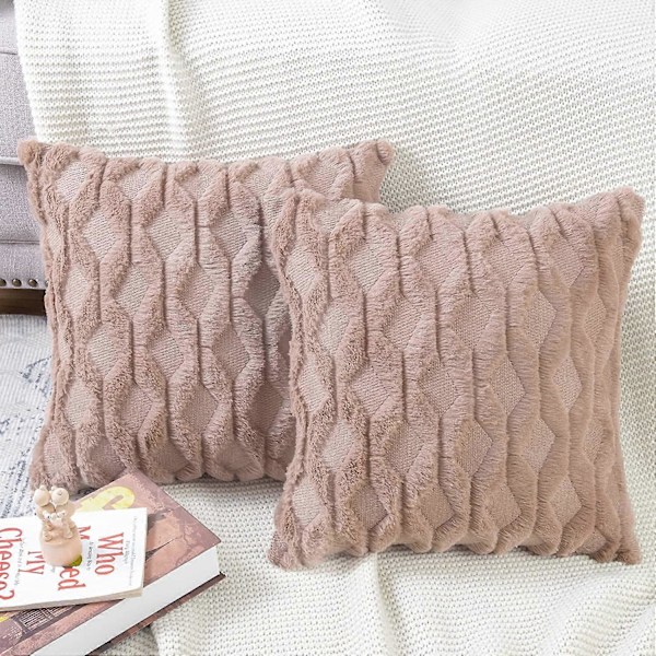 Sæt med 2 bløde plys korte uld velvet dekorative pudebetræk luksus stil pyntepudebetræk pudebetræk til sofa soveværelse firkantet lysebrun 22x22