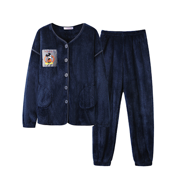 Marinblå sammetspyjamas för kvinnor långärmad plus sammet tecknad korall sammetspyjamas Navy blue M