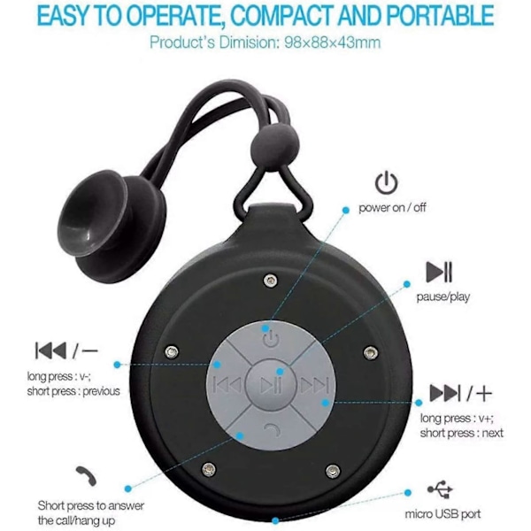 Bluetooth Duschhögtalare Vattentät Trådlös Portabel Bluetooth Duschhögtalare med Sugkopp Duschhögtalare för Strand, Pool, Hem, Fest, Svart