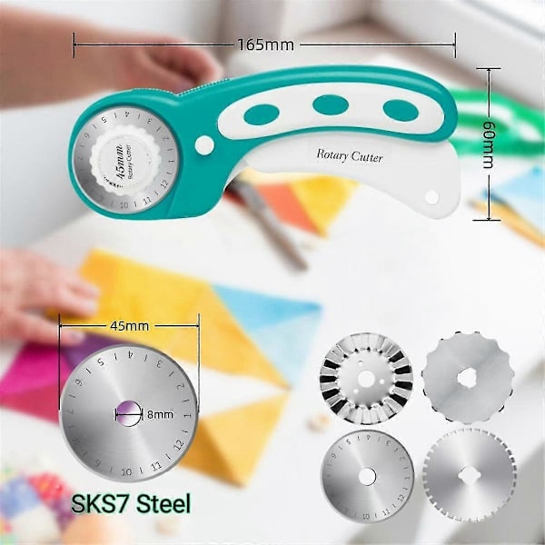 45mm Roterende Kutter kompatibel med Stoff med 8 stk Roterende Blader, Rullende Stoffkutter Heklekant Hopp Blad