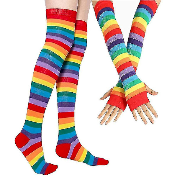 Over Knee Rainbow Lår Höga Strumpor Handskar Set Cosplay Tillbehör Arm Benvärmare