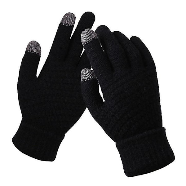 Vinterhandskar med pekskärm för kvinnor Tjocka Varma Stickade Stretchhandskar Imitation Ull Helfinger Utomhusskidåkningshandskar Black