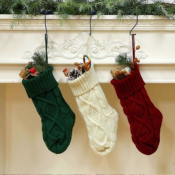 Julstrumpor Kabelstickad Strumpa Unik Stickad Presentpåse för Julgransdekorationer (Röd+Grön+Vit, 46cm)