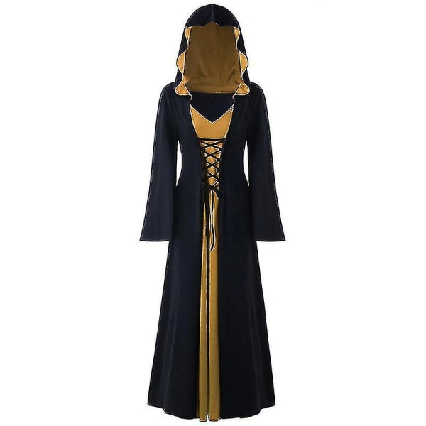 Kvinnor Halloween Renaissance Gothic Hooded Cloak Robe Klänning Black Khaki S