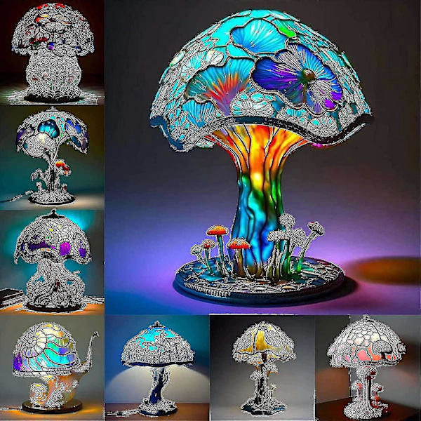 2023 Ny, bordlampe i glassmaleri-plantekolleksjon, vintage bordlampe, fargerik sopplampe, -yvan