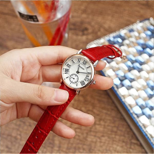 Sanda Dame Analog Rund Quartz Læderrem Datour Klassisk Armbåndsur (Rød Rem)