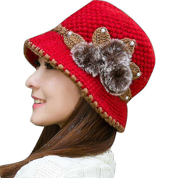 5 färger Vinter Varm Casual Vacker Ull Virkade Stickade Blommor Dekorerade Öron Hattar Mode Dam Dam Vinter Varm Virkad Stickade Blommor Dekorera Red