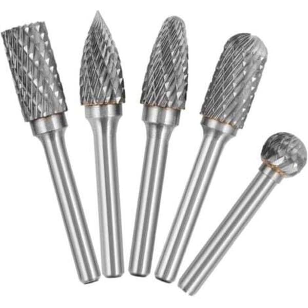 Sæt med dobbeltfløjtede roterende fræsere af wolframstål. 6 mm skaft. 10 mm hoved. 5 pakker