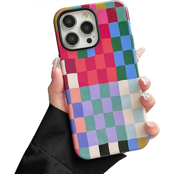 Kotelo iPhone 15 Pro -puhelimelle, Söpö Värikäs Ruudullinen Iskunkestävä Ohut Pehmeä TPU ja Kova PC Suojakotelo Yhteensopiva Puhelinkotelon Kanssa