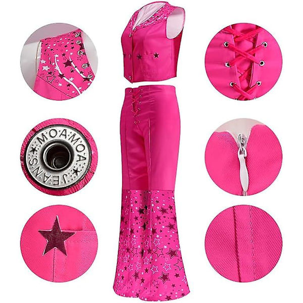 Cowgirl kostym 70-tal 80-tal Hippie Disco Outfits Rosa väst Top Flare Byxa Halloween Margot Robbie Cosplay För Damscarf Örhängen ingår inte Ken M