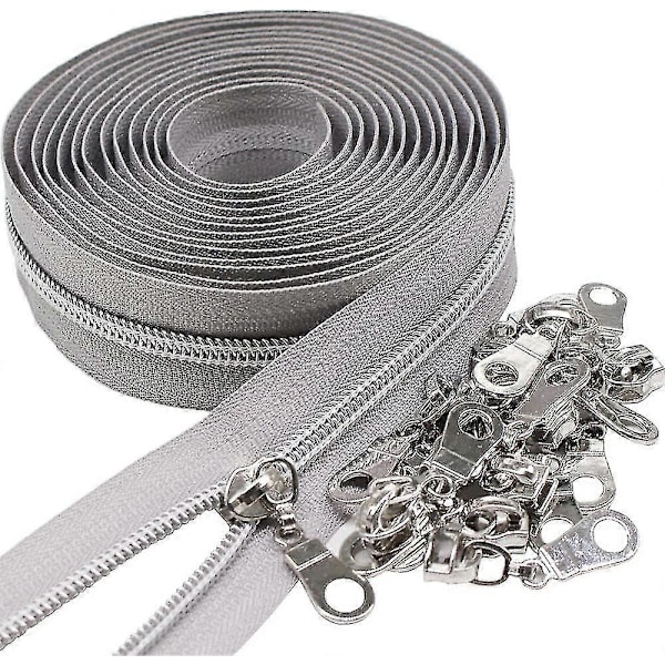 Sølvfarvede metalliske nylon lynlåse på metermål, bulk spole lynlås rulle 10 yards med 25 stk trækstropper til DIY syning håndværkstasker (grå)-jie