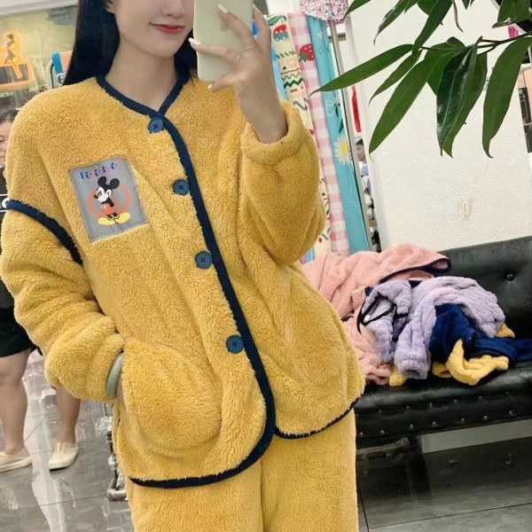 Gåsgul Mickey velvet pyjamas för kvinnor långärmad plus sammet tecknad korall sammet pyjamas Goose yellow Mickey XXL