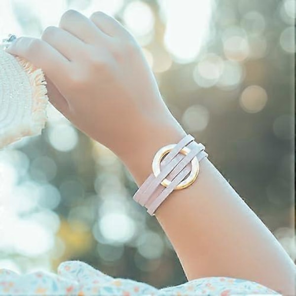 Flettet Lærarmbånd Boho Wrap Armbånd Sirkel Stablet Lagdelt Mansjettarmbånd med Magnetisk Lås for Kvinner
