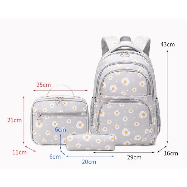 Daisy Prints Skolryggsäck Set med Lunchpaket Bokväska för tonårsflickor 3st Skolväska för Primär Student Bokväska Gray