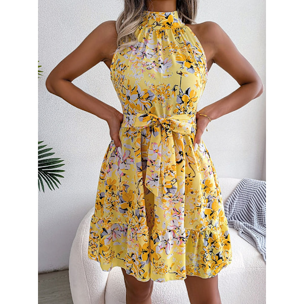 Sommar ärmlös axelbandslös klänning kvinnlig Elegant chic spets volangklänning Yellow M