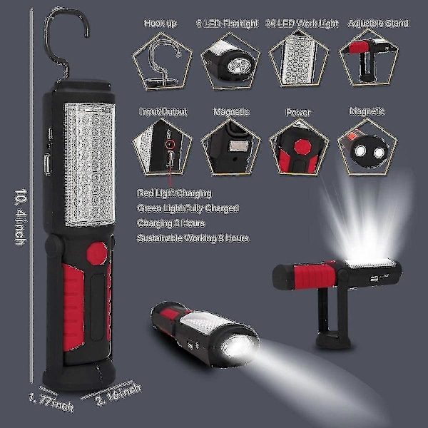 Genopladelig LED Arbejdslampe Bærbar Multifunktionel Lommelygte, Magnetisk Lommelygte LED & Hængekrog, Vandtæt, til Bilreparation, Strømafbrydelse, Husholdningsbrug
