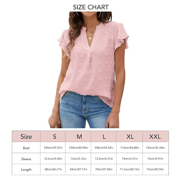 Dame Bluse V-hals Flæseærme Løs Åndbar Prikket Polyester Dame T-shirt til Forår Sommer Efterår Pink XL