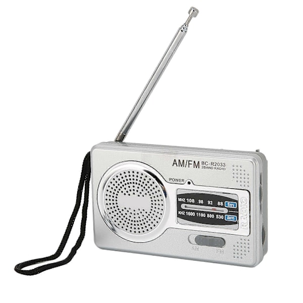 AM FM Transistorradio DSP Chip Bærbar Lomme Mini Radio med Høyttaler Hodetelefonkontakt Sølvgrå