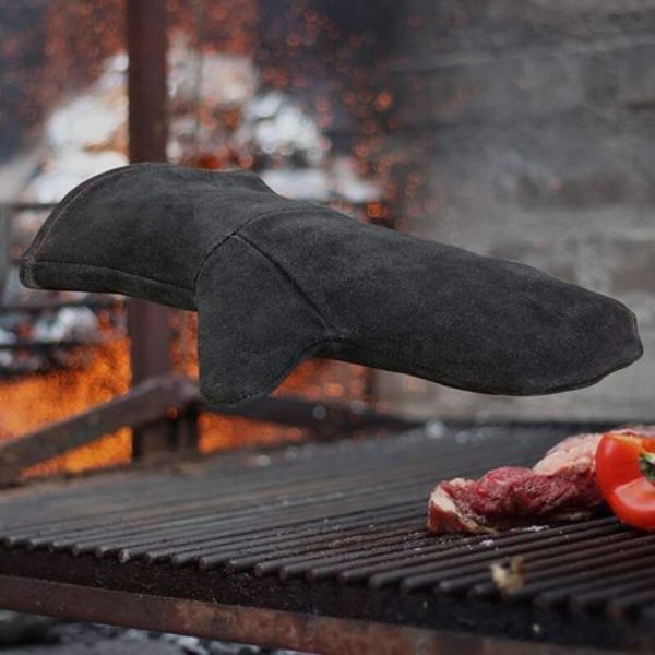 Värmebeständig läderhandske för eldstad – Värmeisolering – Bomullsfoder – Universalstorlek för grill och ugn