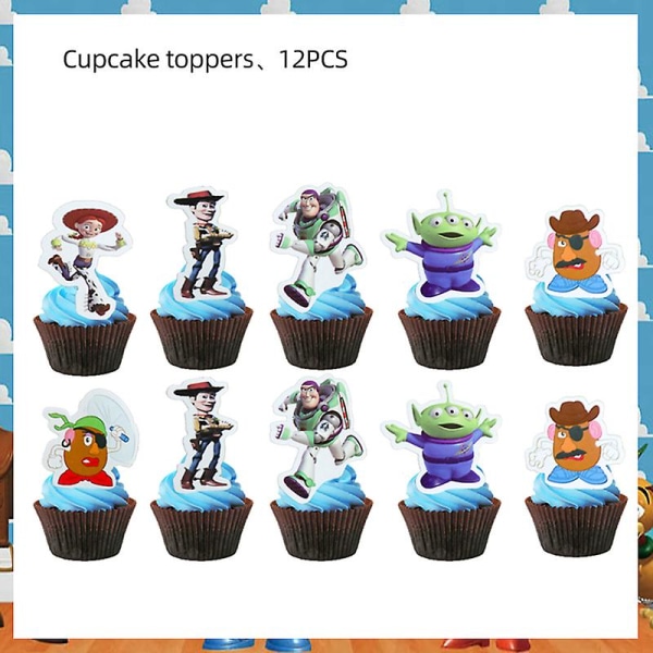 Blå himmel Vita moln Tema Festtillbehör Tecknad Toy Story Engångsservis kopp för barn Pojkar Födelsedagsfestdekorationer 24pc cake topper