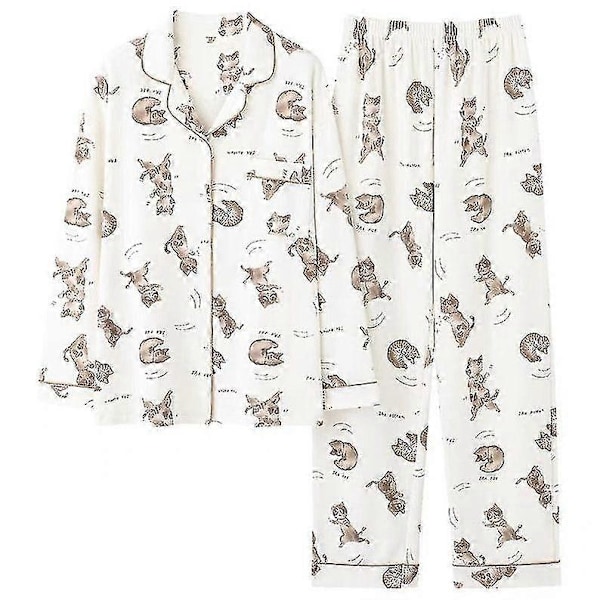 Pyjamas med trykk av lykkekatt, bomull, katteklær, loungewear-yvan